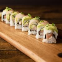 *White Scorpion Roll · Spicy albacore, cucumber, avocado wrapped in seaweed paper, topped with albacore, avocado, g...