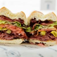 Hot Pastrami · Pastrami, Provolone cheese, Lettuce, Tomatoes, Red onions, Pepperoncinis, Oil & Vinegar dres...