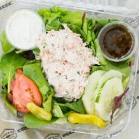 Tuna Salad · Tuna, mixed with (Mayo, lite Mustard, Red & Green bell peppers),  Mixed greens, Cucumbers, T...