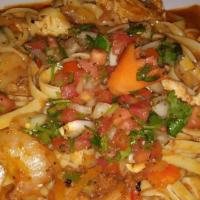Jambalaya · Homemade chorizo, chicken breast, shrimp, fettuccine pasta, chipotle sauce, mixed bell peppe...