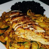 Blackened Santa Fe Chicken Pasta · Flame chicken breast in a fettuccini pasta topped with sauteed mushroom, zucchini, onions an...