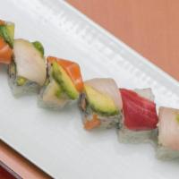 Rainbow Roll · Tuna, salmon, white fish and avocado on top of california roll.