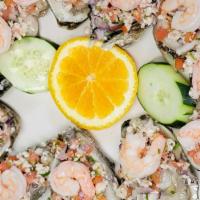 Ostiones Prep./ Ceviche De Camarón / Prepared Oysters With Shrimp Ceviche Topped With Cooked Shrimp · 
