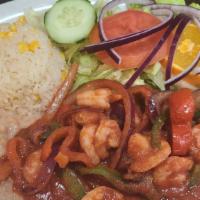Camarones Rancheros / Shrimp Rancheros · salad, rice and beans/ensalada, arroz y frijoles 
pimiento, cebolla y salsa ranchera / bell ...