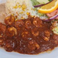 Camarones A La Diabla / Shrimp To The Devil · salad, rice and beans/ensalada, arroz y frijoles