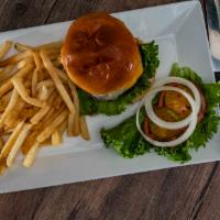 Freeport Burger · Swiss and cheddar cheese, lettuce, tomato, onion, pickle and 1000 Island. Served with french...