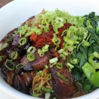 Kon Loh Mee · Egg noodles, Chinese broccoli, ground pork, pork belly char siu.