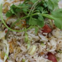 Charcuterie Fried Rice · Lap cheong, spicy ham, Tasso, peas, garlic, lettuce, scallions