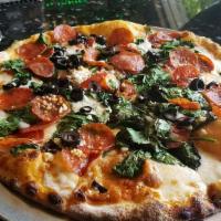 Mediterranean · mozzarella, feta, spinach, sun-dried tomatoes, black olives, tomato sauce.