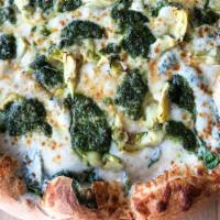 Spinach And Artichoke  · Alfredo sauce, spinach, artichoke hearts, Parmesan cheese, topped with a pesto drizzle.