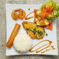 F-71. Grilled Shrimp And Grilled Chicken With Steam Rice - Cơm Tôm Gà Nướng · Grilled shrimp and grilled chicken with steam rice.