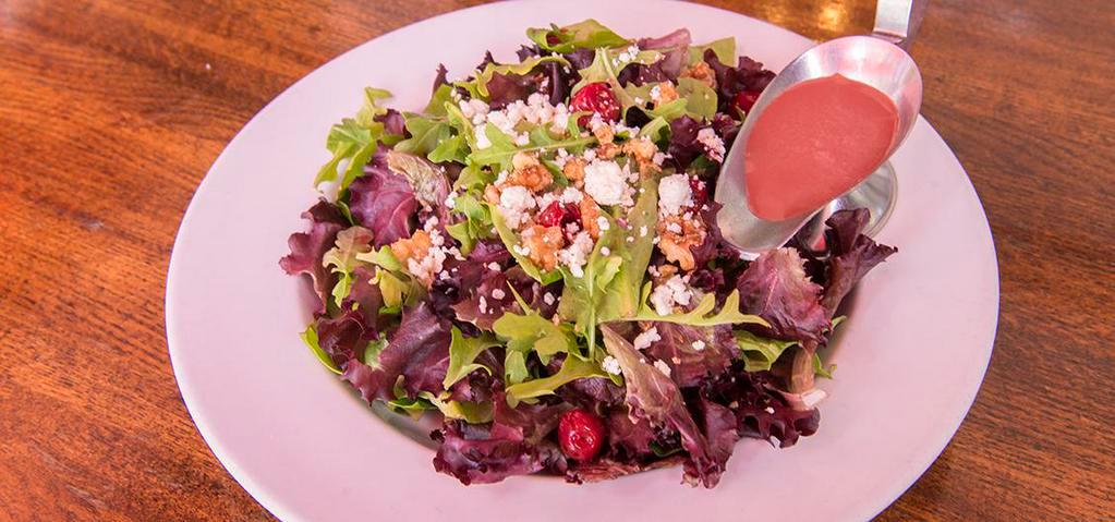 Organic Baby Spring Mix · Spring Mix with Candied Walnuts, Feta Cheese in a Cherry Vinaigrette.
Add grilled Chicken, Shrimp for an additional charge.