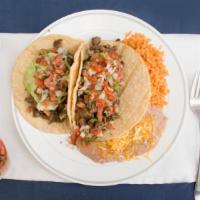 2 Carne Asada Tacos · Guacamole and Pico de Gallo