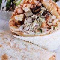 California Burrito · Flour tortilla rolled up with french fries, Spanish rice, pinto beans, grilled steak, cheese...