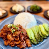 Spicy Bbq Pork Plate · Spicy BBQ Pork Served with vegetables, white rice, and daily side dishes.