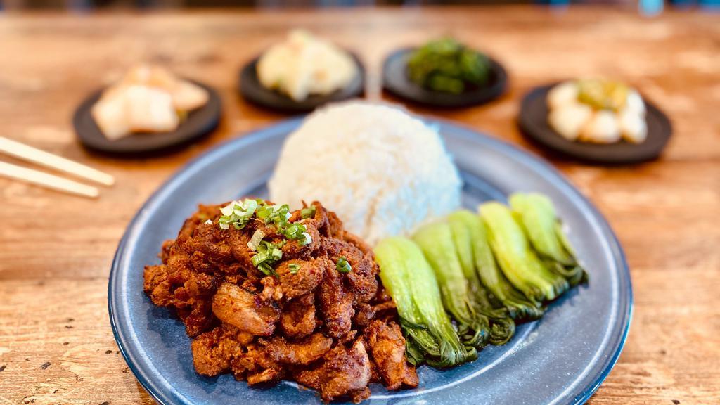 Spicy Bbq Pork Plate · Spicy BBQ Pork Served with vegetables, white rice, and daily side dishes.