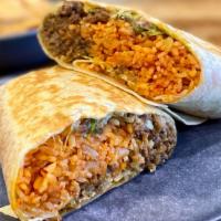 Bulgogi Burrito · Korean - Mexican Fusion Burrito. Kimchi Fried Rice + Bulgogi Beef, Cheese, Lettuce, Sour Cre...