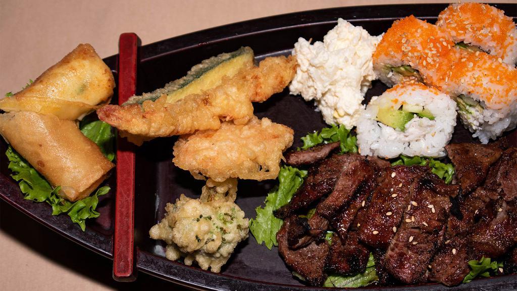 Edo-Ya Boat Lunch (Beef) · Grilled Teriyaki Beef, Shrimp & Vegetable Tempura, California Roll, Egg Roll, Potato Salad, Salad and Bowl of Rice