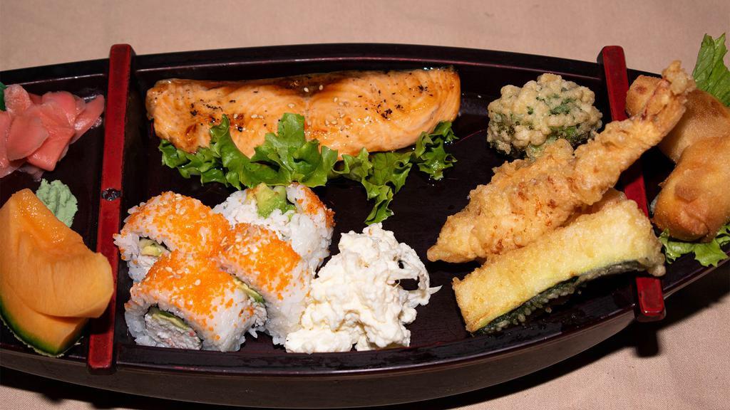 Edo-Ya Boat Lunch (Salmon) · Grilled Teriyaki Salmon, Shrimp & Vegetable Tempura, California Roll, Egg Roll, Potato Salad, Salad and Bowl of Rice