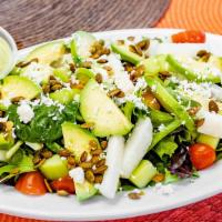 Summer Salad · Mesclun Greens, Cucumber, Tomato, Avocado, Red Onion, Jicama, Feta, and Spicy Pepitas with C...