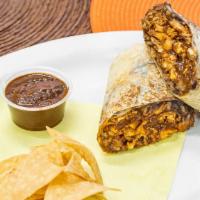 Burrito - Pollo En Mole Poblano · Chicken in Mole Poblano Sauce. White Rice, Refried Black Beans, Sesame Seeds, Onion, and Que...