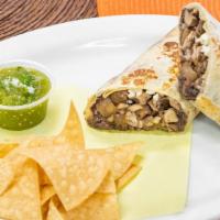 Burrito - Champiñones Con Epazote · Mushrooms and Epazote. White Rice, Refried Beans, Tomatillo Salsa, Onion, Cilantro, and Ques...