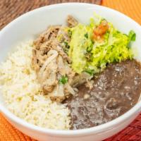 Bowl - Carne Deshebrada · Braised, shredded beef. White rice, refried beans, guacamole, salsa chipotle, onion, and cil...