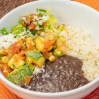Bowl - Calabacitas · Mexican Squash and Roasted Corn. White Rice, Refried Black Beans, Tomatillo Salsa, Onion, Ci...
