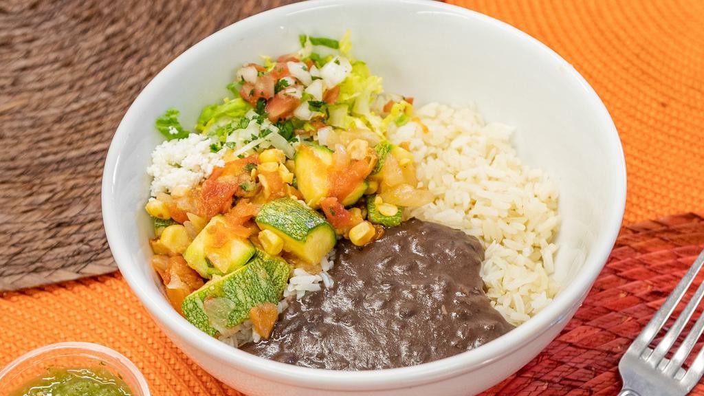 Bowl - Calabacitas · Mexican Squash and Roasted Corn. White Rice, Refried Black Beans, Tomatillo Salsa, Onion, Cilantro, and Queso Fresco.