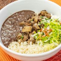 Bowl - Champiñones Con Epazote · Mushrooms and Epazote. White Rice, Refried Black Beans, Tomatillo Salsa, Onion, Cilantro, an...
