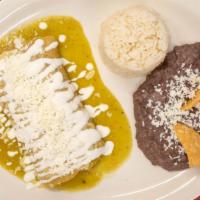Enchiladas Verdes · Two Enchiladas in our roasted Tomatillo Sauce with your choice of Chicken, Cheese, or Shredd...