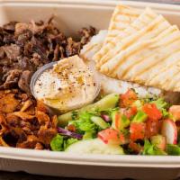 Doner Kebab Rice Plate · Comes with our Rice Pilaf, Fresh Salad Choices, 5 Vegetable toppings, Doner Kebab protein, S...