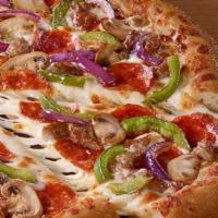 Supreme · Hut favorite. Pepperoni, seasoned pork, beef, mushrooms, green bell peppers, and red onions....