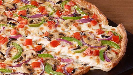 Veggie Lover’S® · Hut favorite. Mushrooms, red onions, green bell peppers, diced roma tomatoes, and black olives. 180-230 cal. per slice.