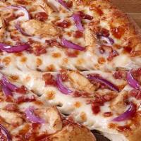 Backyard Bbq Chicken · Grilled chicken, bacon, and red onions. With barbeque sauce. 210-270 cal. per slice.