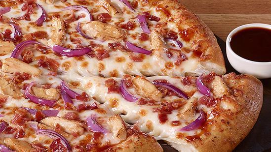 Backyard Bbq Chicken · Grilled chicken, bacon, and red onions. With barbeque sauce. 210-270 cal. per slice.