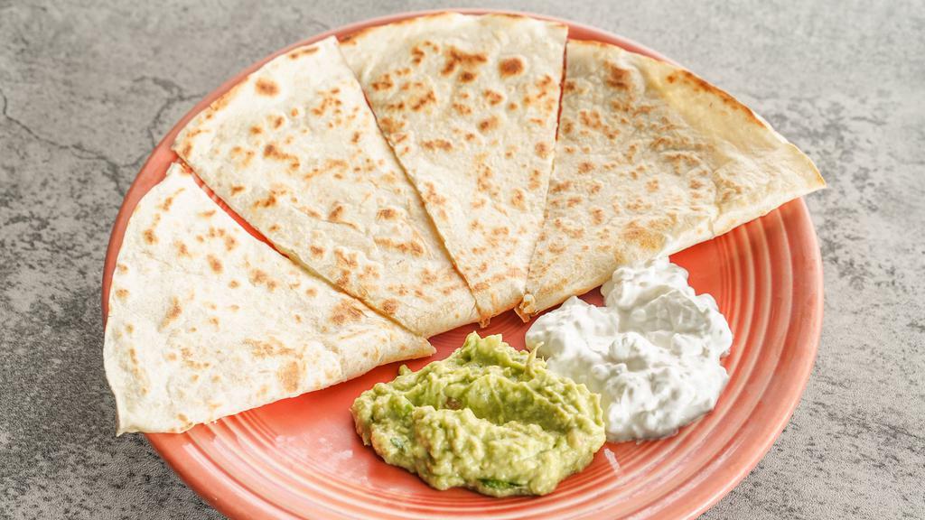 Quesadilla · Tomatoes, grilled onions, red and green peppers with melted monterey jack cheese; | served with sour cream and guacamole.