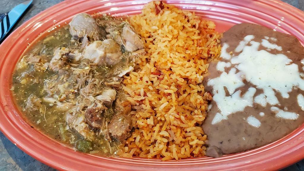 Chili Verde · Delicate pieces of pork cooked slowly in a tomatillo and chili sauce; served with rice, beans and tortillas.