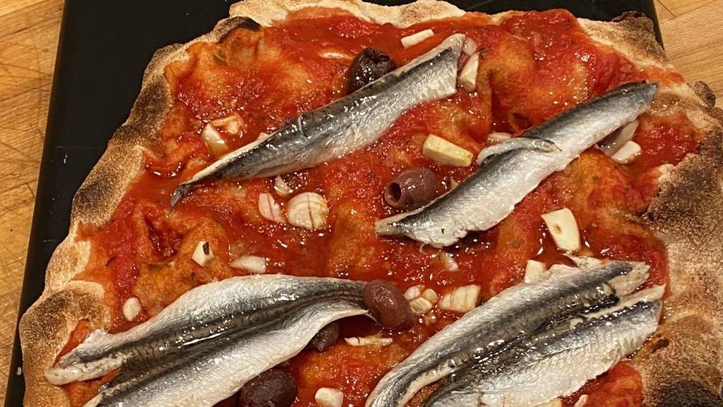 Marinara E Boquerones · San Marzano tomato sauce, Boquerones white anchovies, Taggiasca olives, garlic  oil