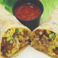 Sausage Breakfast Burrito · Four pork sausage strips mixed with eggs, hash browns, cheese, green bell pepper & onion ble...