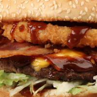 Crunchy Bbq Cheese Burger · Single beef patty, American cheese, two bacon strips, three onion ring, and BBQ sauce.