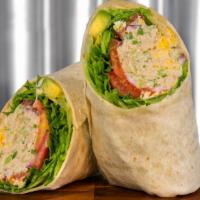 Albacore Tuna Salad Wrap · Albacore tuna salad wrapped with fresh tomato, onion, cucumber, and lettuce. Topped with shr...