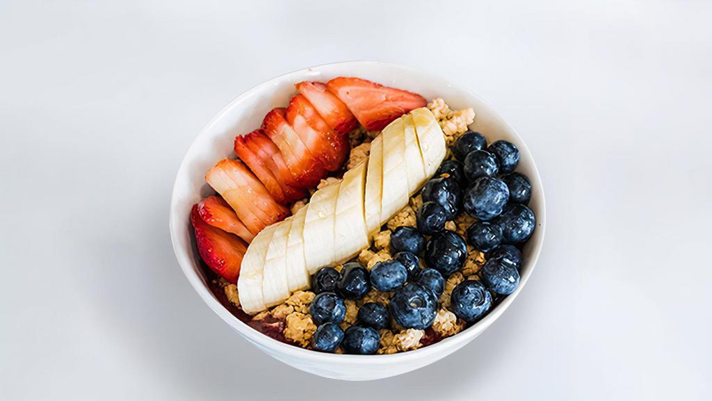Acai Bowl- Og · Acai topped with Vanilla Almond Granola, Fresh Blueberries, Strawberries, Bananas, and Honey
