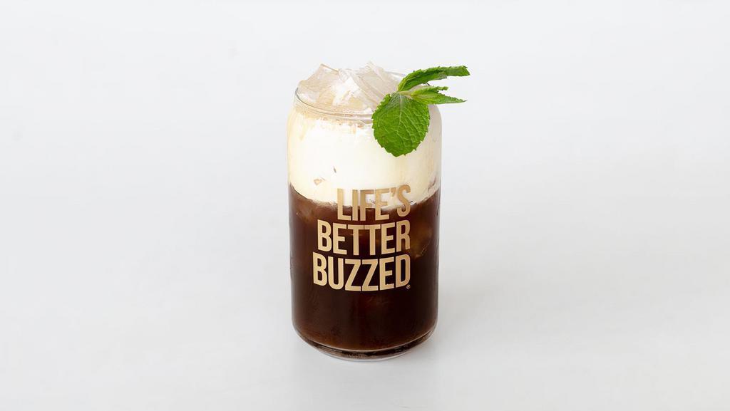 Mint Infused Iced Coffee · Espresso and Water Shaken with Raw Sugar and Fresh Muddled Mint Leaves.  Topped with a splash of Heavy Cream.
