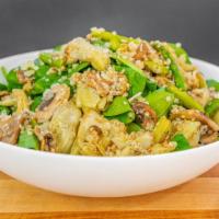 Vegan Quinoa Salad · Quinoa and spinach with mushrooms, asparagus and artichokes.