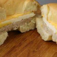 Sausage Egg & Cheese On Plain Bagel · Sausage, Egg and Tillamook Cheese on a plain bagel - lightly toasted