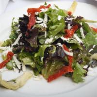 House Salad · For two. Baby mix with artichoke hearts, sun-dried tomatoes and slivers of Pecorino cheese w...