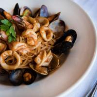 Linguine Alla Pescatore · A masterpiece of clams, shrimp, calamari and mussels in a marinara sauce.
