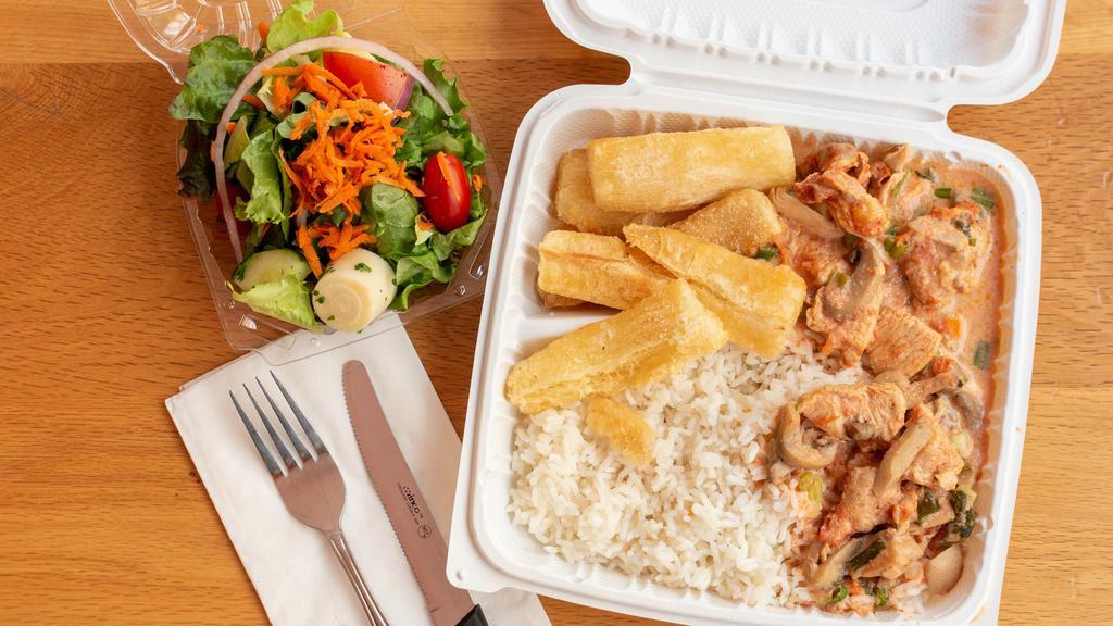 Chicken Stroganoff · Chicken breast seasoned and cooked in our homemade, creamy stroganoff sauce. Served with garlic rice, fried plantains and a side green salad.
