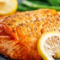 Prime Grilled Salmon With Asparagus · 8oz Prime Grilled Salmon with Asparagus and Lemon Wedges